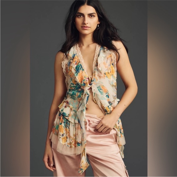 By Anthropologie Sleeveless Trailing Ruffle Blouse S NWT - Picture 3 of 16